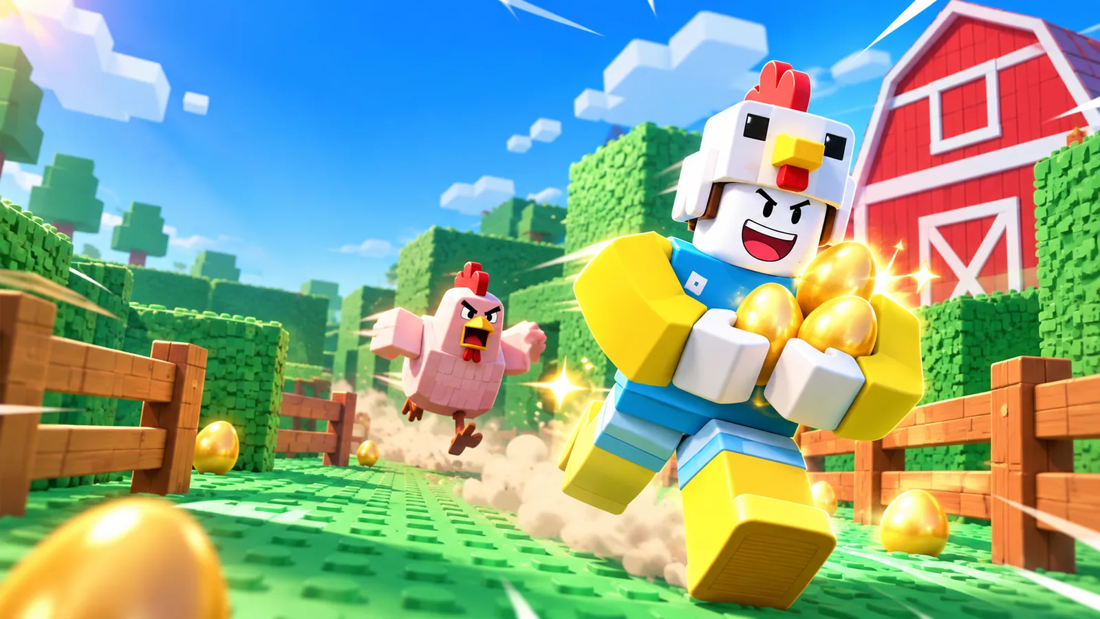 Steal a Chicken farm chase artwork with a player carrying eggs